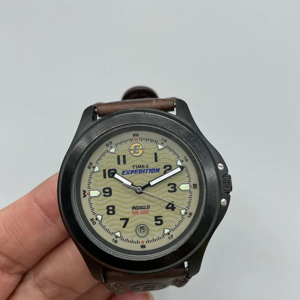 Timex Expedition Indiglo Mens Watch 40mm Beige Dial Date Leather New Battery